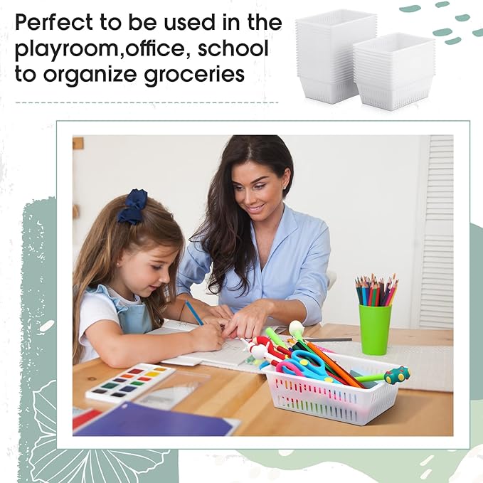 Sherr 36 Pack Classroom Storage Basket Small Plastic Basket for Organizing Crayon Pencil Container Storage Bin Tray Holder for Paper Shelf Back to School Office Supply 6.1" l x 4.3" w x 2.4" h(White)