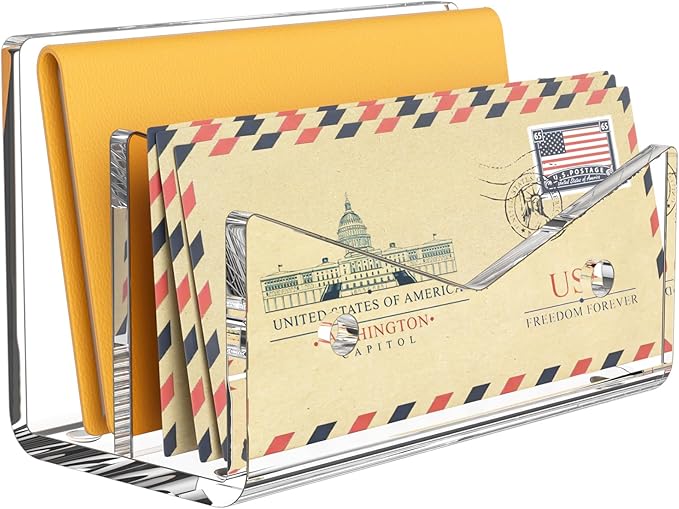 Mail Organizer Envelope Holder - 2 Compartments Clear Acrylic Mail Holder Countertop Vertical Desk Organizer Small File Bill Document Notebook Letter Sorter for Home School Office Supplies