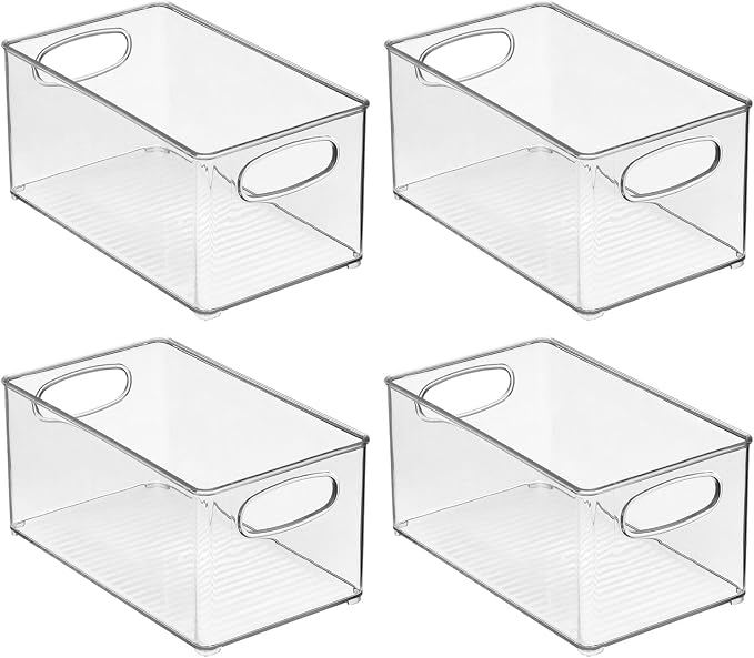 mDesign Plastic Home Office Organizer - Basket Storage Holder Bin with Handles for Desk, Cupboard, Cabinet, or Rolling Cart Shelves - Holds Notebooks, Files - Ligne Collection - 4 Pack - Clear