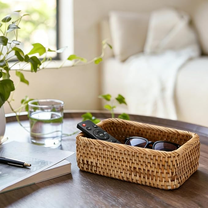 BTSKY Remote Control Basket 7.9" x 5.1", Decorative Small Basket Handwoven Rattan Storage for Jewelry, Cosmetics, Wicker Organizer Rattan Holder for Living Room Coffee Table Entryway Bedroom Vanity