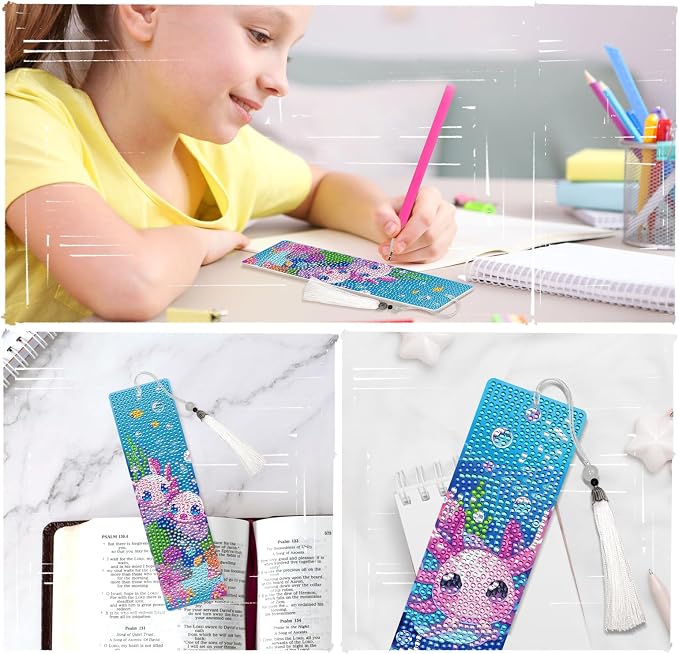 Axolotl Diamond Art Painting Bookmarks - 6 Pcs DIY Pink Animal Diamond Painting Kits with Tassel Sea Art Craft Back to School Supplies Graduation Gift for Teacher Student Book Lover