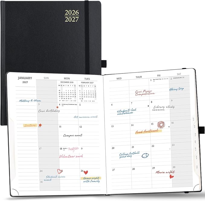 POPRUN Monthly Planner 2026-2027, Large Size-8.5" x 10.5", 18 Month Calendar Book (Jul 2026 - Dec 2027), Academic Calendar Planner with Tabs, Inner Pocket, Hard Cover, 100GSM Paper - Black