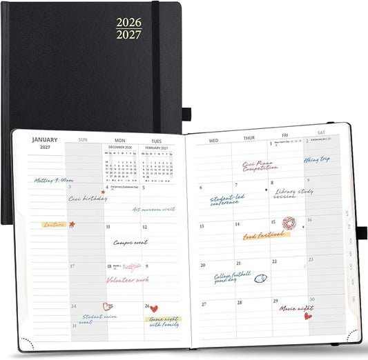 POPRUN Monthly Planner 2026-2027, Large Size-8.5" x 10.5", 18 Month Calendar Book (Jul 2026 - Dec 2027), Academic Calendar Planner with Tabs, Inner Pocket, Hard Cover, 100GSM Paper - Black