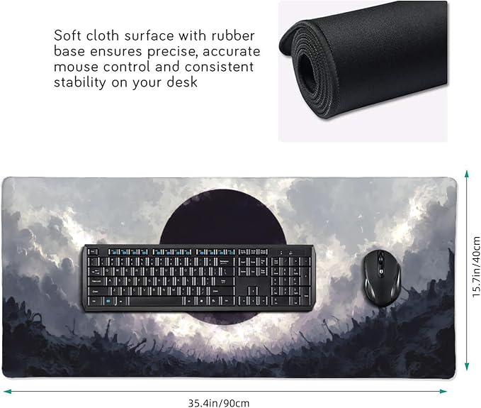 Large Gaming Mouse Pad, 35.4x15.7 Inch Dark Eclipse Fantasy Desk Mat with Non-Slip Base and Stitched Edges for Computer Keyboard and Mouse