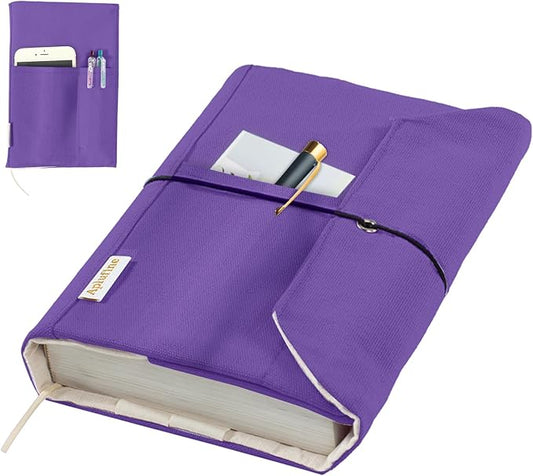 APLUFINE Canvas Book Covers, Washable Book Protector, Jumbo Book Cover for Paperback Novels, Adjustable Book Cover for Hardcover with Pockets for Pen, Soft Cover Books, Book Lovers Gifts, Lavender