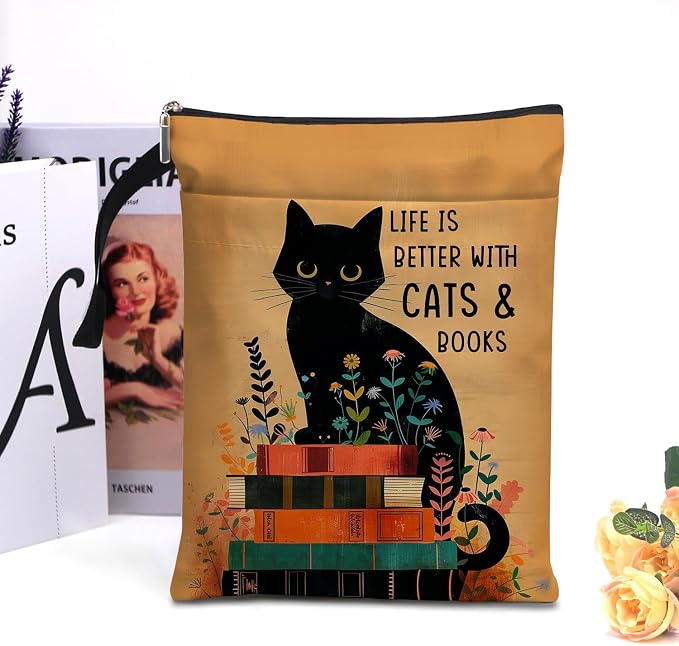 Cat Book Sleeve,Book Covers for Paperbacks,Book Sleeves with Zipper, Book Pouch Cat Lover Gifts,Cat Themed Gifts for Women Graduation Birthday (Black Cat 03, Large)
