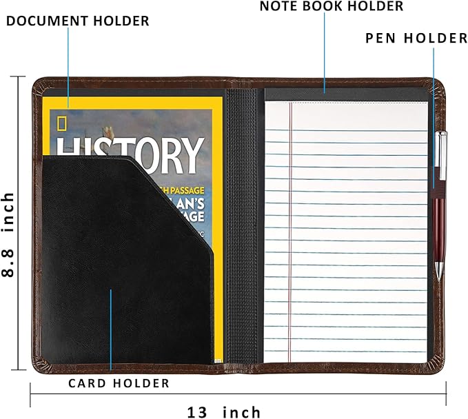 Padfolio/Portfolio Binder, Mini Padfolio Portfolio Binder 5 x 8 Legal Writing Pad, A5 Document Organizer Folder for Men Women,Dark Brown.