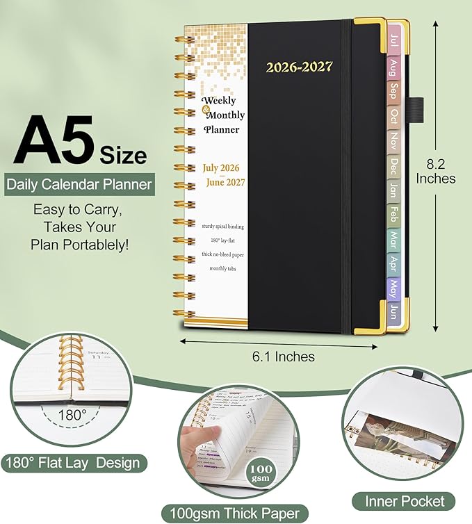 Academic Planner 2026-2027, Hardcover Weekly and Monthly Calendar Planner from July 2026 - June 2027, Daily Agenda Planners with Tabs, College School Organizer for Student Teacher, A5 (6.1" x 8.2"), Black