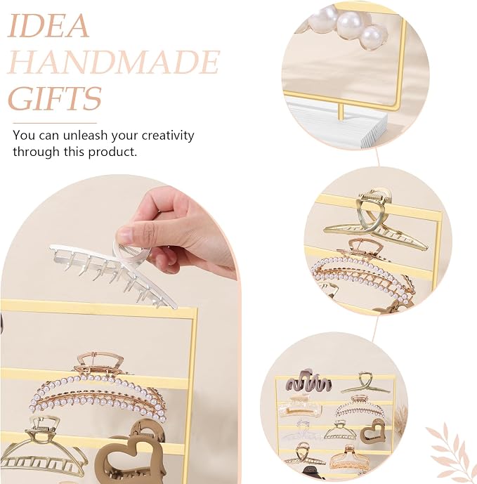 SNOWSTAR Hair Claw Clip Holder Organizer - 5 Tier Iron Rod Hair Clip Holder Storage for Women Girls, Wood Base Desktop Organizer