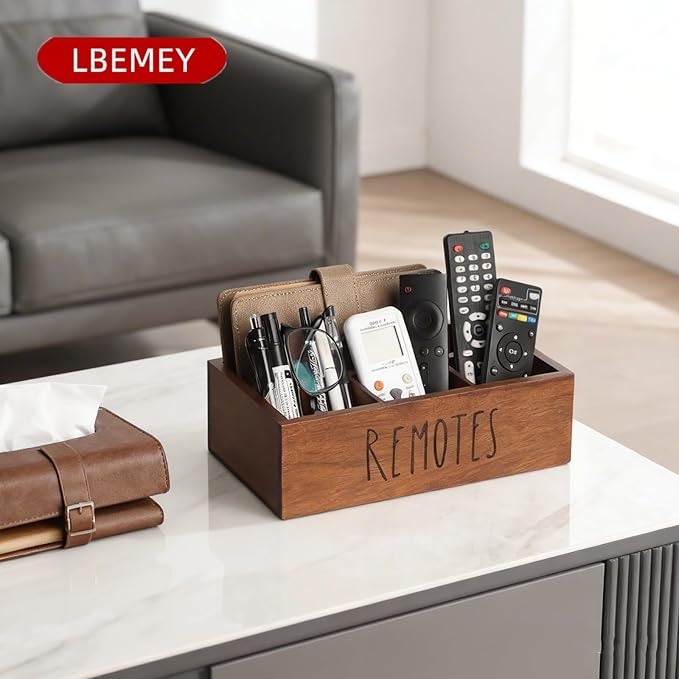 LBEMEY Acacia Wood Remote Control Holder, TV Remote Holder, Remote Organizer for Table,Home,Living room, bedroom for Wooden Remote Box (Brown, XL,for 6+ Remote Controls)