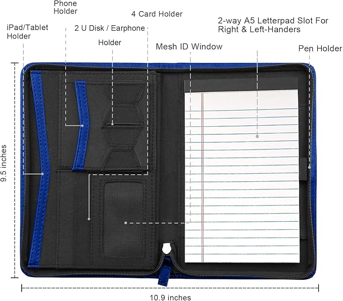 Junior Padfolio/Resume Portfolio Binder with Refillable Lined Notepad, A5 Padfolio Folder, Business Portfolio, Multi-Function Case, A5 Writing Pad Included, Royal Blue