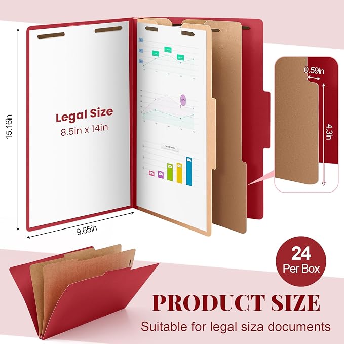 AmazingSpark 24 Pcs Legal Size Classification Folders Bulk 2 Dividers Pressboard File Folder with Expansion 2 Prongs Fastener Heavy Duty Office File Organizer for School Hospitals Home (Dark Red)