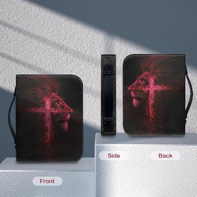 Bible Case with Handle and Zipper, Premium PU Leather Waterproof Bible Cover 11.2 x 8 x 2.2 Inches, Book Case for Standard Size Bibles with Pen Storage, Bible Accessories Gifts (Red Lion)
