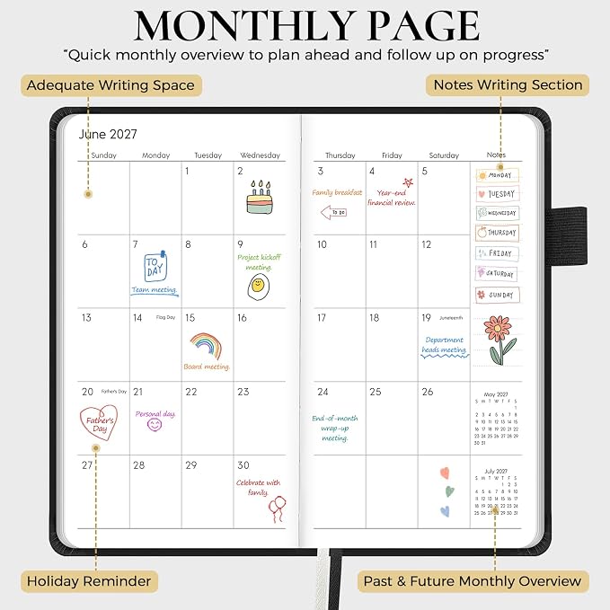 KONVINIT Pocket Calendar 2026-2028, 24-Month Pocket Calendar 2027 Planner Runs from July.2026 Until June.2028, Black PU Monthly Planner with Inner Pocket, Pen Loop, Elastic Closure for School & Office Supplies, 3.54”×6.69”