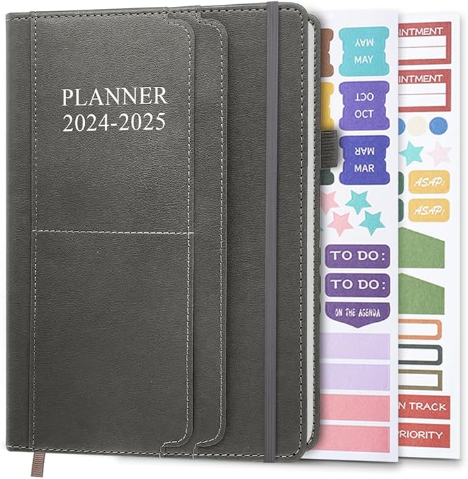 Planner 2024-2025 - 18 Months (July 24 - December 25) Academic Planner 5.8" x 8.5", 2024-2025 Weekly & Monthly Agenda with Pen Holder, Vegan Leather Hard Cover, Grey