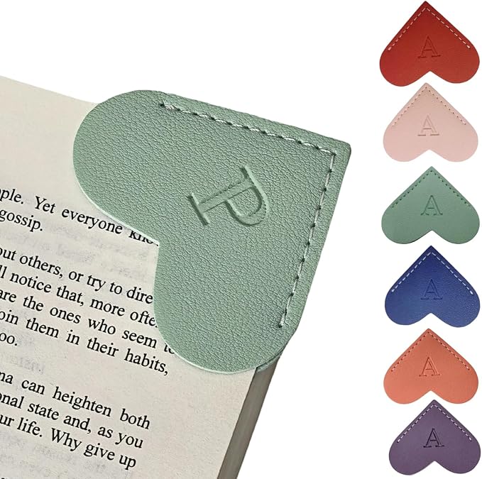 Personalized Leather Heart Bookmarks with Initials, 26 Letters Custom Corner Book Mark for Reading Women,Teacher, Student, Book Lovers Book Marker, Meaningful Gifts (Dark Blue+Light Green,P)
