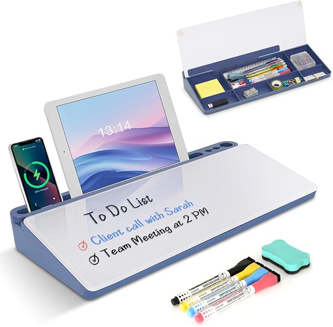 Glass Desktop Whiteboard with Storage, Desk White Board with Computer Keyboard Stand,White Dry Erase Board with Drawers for Home,School,Office - Blue