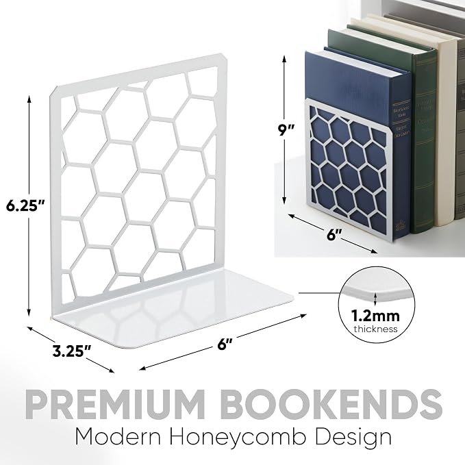 Gray Geometric Honeycomb Metal Bookends - Book Ends for Shelves - Decorative Modern Heavy Duty Bookend Stopper - Book Ends for Heavy Books - Home Office Book Holder - 1 Pair, 6x3.25x6.25 in
