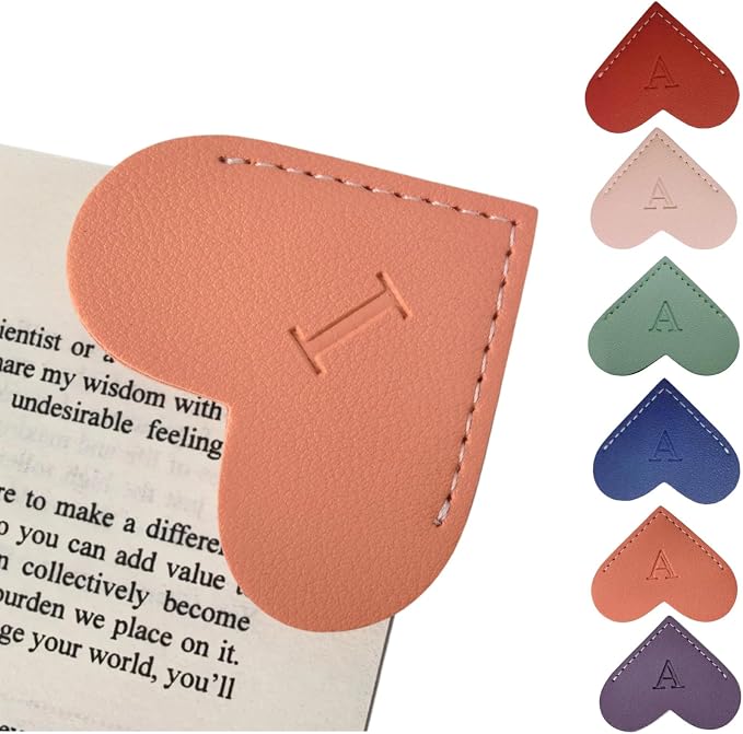 Personalized Leather Heart Bookmarks with Initials, 26 Letters Custom Corner Book Mark for Reading Women,Teacher, Student, Book Lovers Book Marker, Meaningful Gifts(Purple & Orange,I)