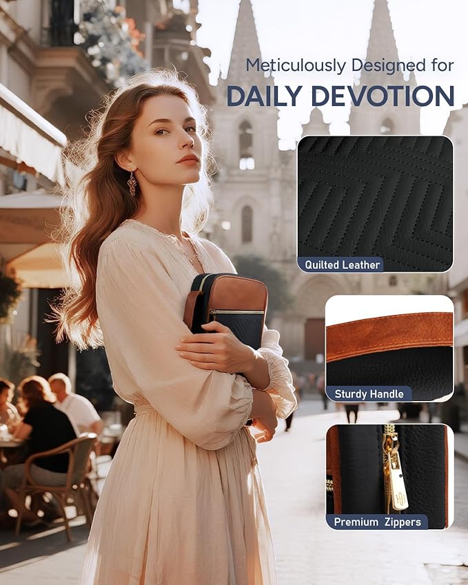 BellaHold Quilted Vegan Leather Bible Cover, Color-Blocked Bible Cover Case for Women, Large Bible Carrying Case with Handle, Bible Study Supplies & Christian Gift for Women (Black & Brown, M/L)