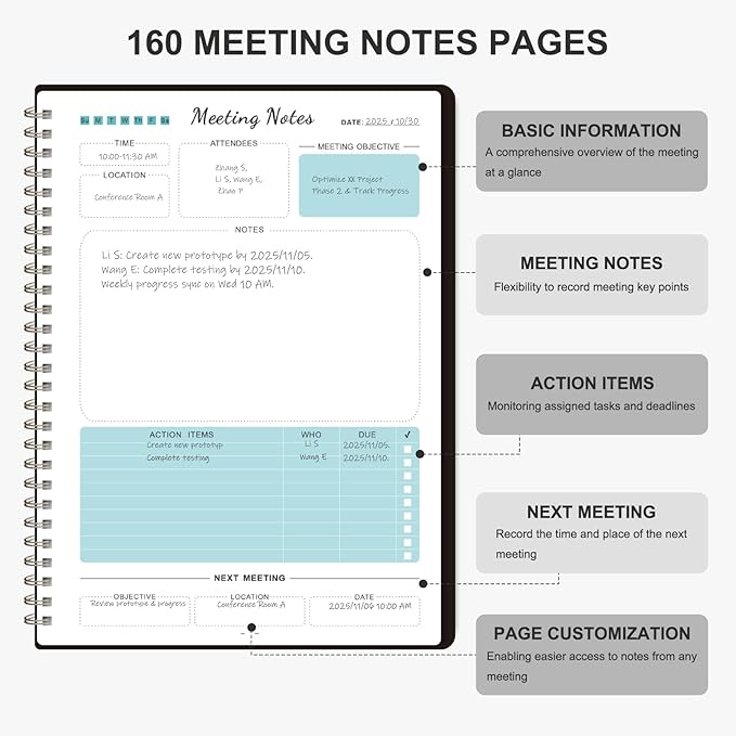 Meeting Notebook for Work Organization, Work Planner Notebook with Action Items, Project Agenda Planner for Note Taking, 160 Pages (6.9" X 9.9"), Perfect Office School Business Supplies for Women & Men (Black)