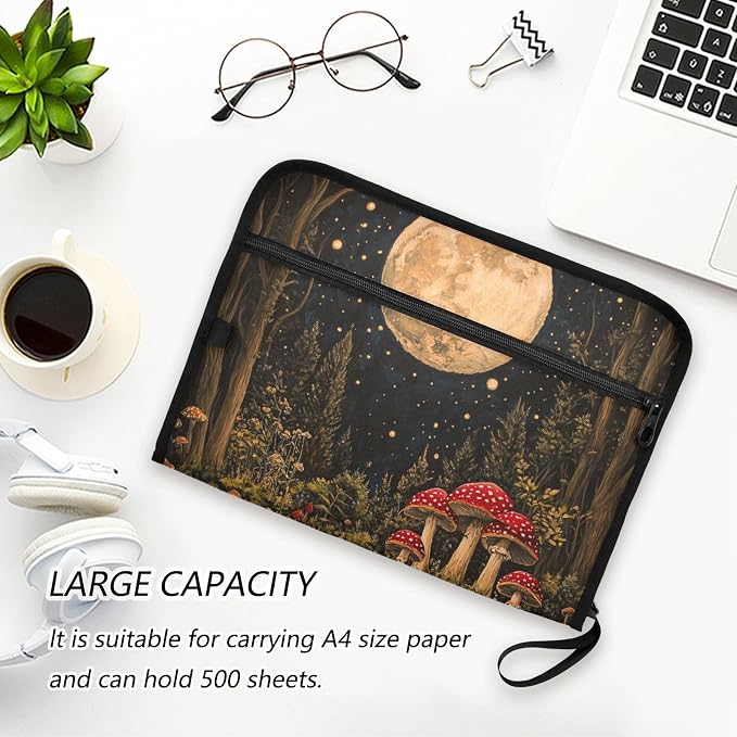 ALAZA Mushroom Forest Moon Expanding Filing Folder, 13 Pockets Expandable Document Organizer Folder with Zipper Closure for Home Office A4 Letter Size Paper Document