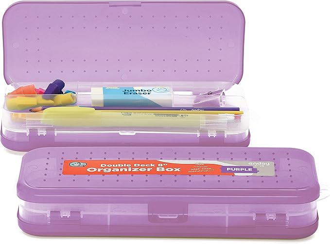 Enday Pencil Box Purple, Plastic Double Deck Pencil Case with 7 Compartments, Box Organizer with Snap Closure for Home and Office
