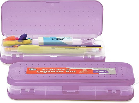 Enday Pencil Box Purple, Plastic Double Deck Pencil Case with 7 Compartments, Box Organizer with Snap Closure for Home and Office