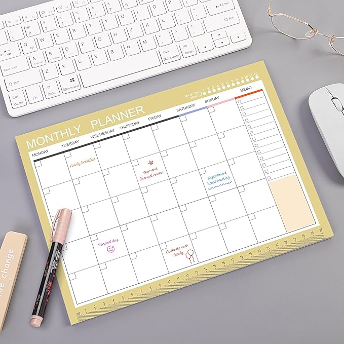 Phyxin Undated Planner, 54 Sheets Blank Calendar, 11.2" x 8.3" Monthly Calendar Planner, Tear Off Undated Monthly Planner with Memo for Women, Students, Teachers, Yellow