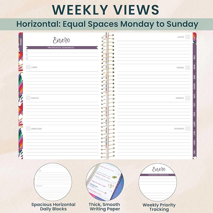 bloom daily planners UNDATED Spanish Calendar Year Day Planner - Passion/Goal Organizer - Start Anytime Monthly & Weekly Agenda Book with Tabs (January to December) - 5.5" x 8.25" - Otomi Embroidery