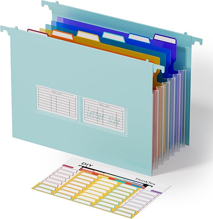 ThinkTex Plastic Expanding Hanging File Folders, 7 Innovative 1.2" Accordion Pockets, Large Capacity, Multi-Color Tabs, Letter Size for Filing Cabinet - Green