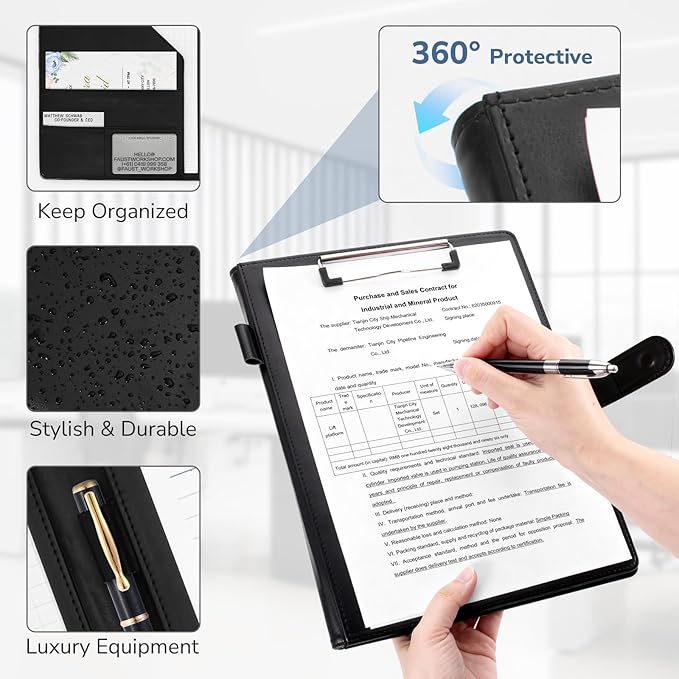 Professional Padfolio with Clipboard, Faux Leather Portfolio Folder Binder, Legal Pad Holder for A4 Letter Size Notepad, Resume, Writing Pad, Ideal Organizer for Business Office Conference, Black,