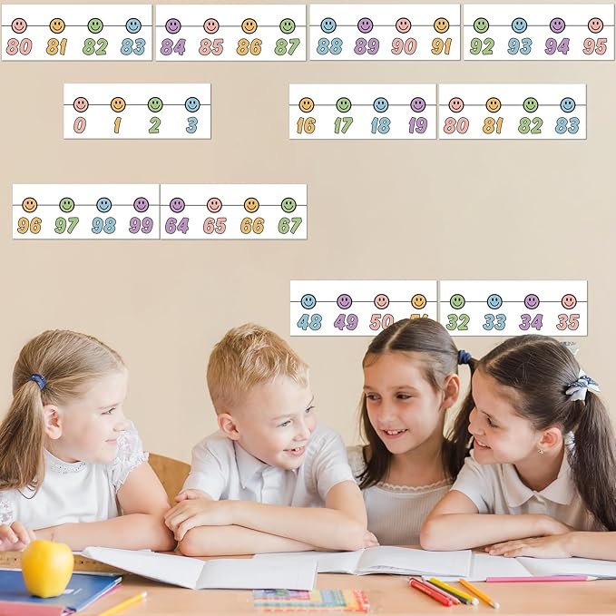 Whaline 32Pcs Pastel Number Line Bulletin Board Colorful Smile Face Number Line Boarder Strips Math Borders for Home Classroom Wall Decor