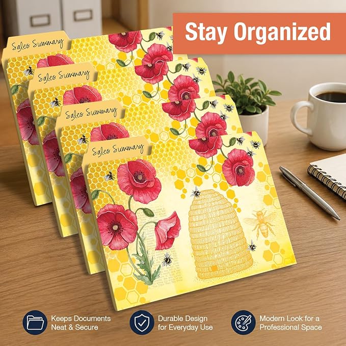 Current Bee Friends File Folders Value Pack - Bulk Set of 24, 6 Pretty Decorative Designs, 1/3 Cut Tabs, Heavy-Duty Paper Stock, Office Supplies for Home & Work, 9-½” x 11-¾” Letter Size