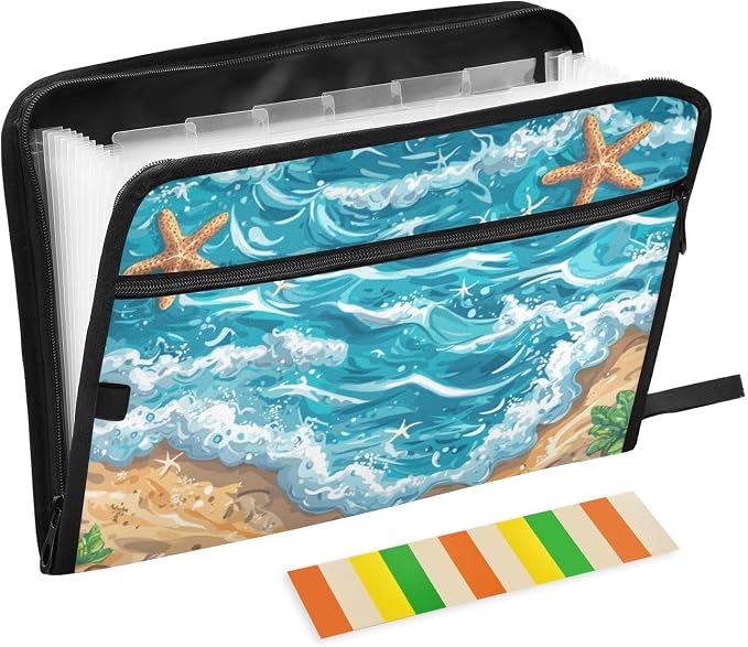 Ocean Sea Coast File Folders,Plastic Folders with 13 Pockets,Expandable File Folder for Documents School Students Office,Aesthetic Folder with Labels A4 Letter Size