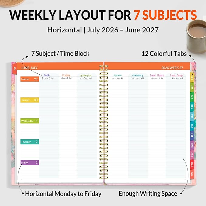 SUNEE Teacher Planner 2026-2027 Academic Year, Lite Lesson Planner Book with 7 Periods Jul 2026 - Jun 2027, 8.5"x11" Daily Weekly and Monthly Organizers, Plan Book with Pocket, Color Tabs, Pink Marble