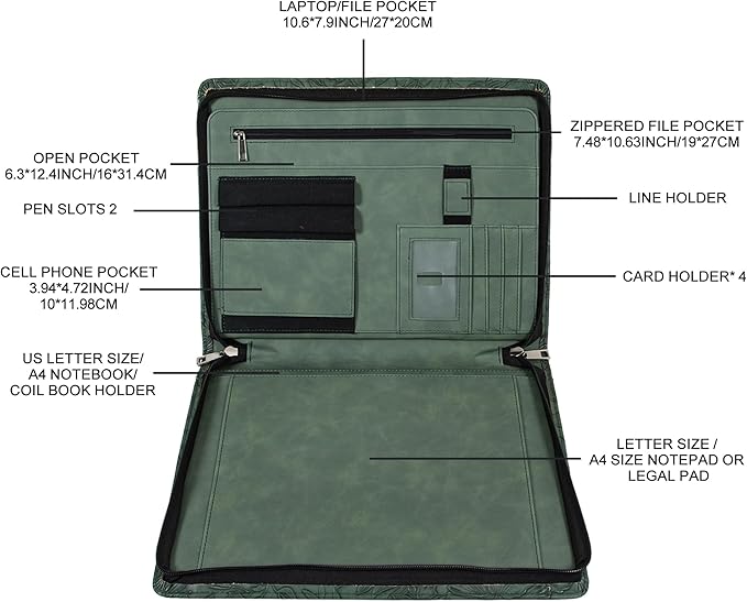 AZXCG Leather Portfolio with Zipper,Embossed PU Leather Padfolio Folio,Professional Business Document Organizer with A4 Letter Sized,Writing Pad Holder,Gifts for Women/Men (Dark Green, Custom)