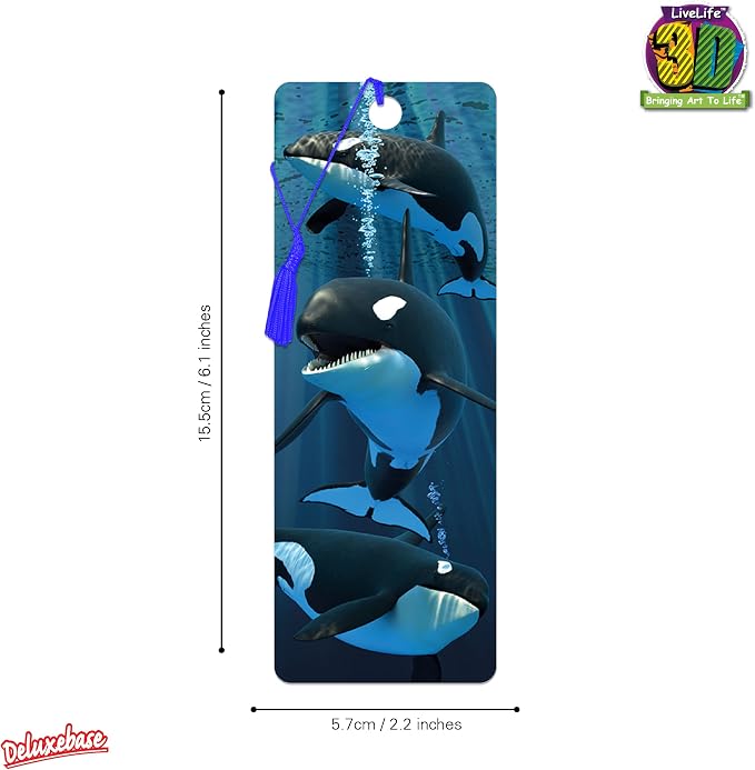 3D LiveLife Bookmark - Orcas from Deluxebase. Cute Lenticular Orca Page Marker. Animal Themed Accessories for Book Lovers. Small Gifts for Men, Women, Writers and Teachers.
