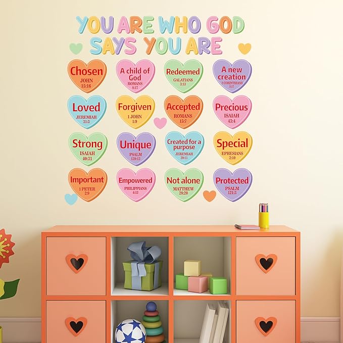 Christian Bulletin Board Decorations Set Motivational Quote Paper Cutout God Says You are Valentine's Day Classroom Wall Decor Conversation Heart Bulletin Board for Sunday School Home Church Supplies