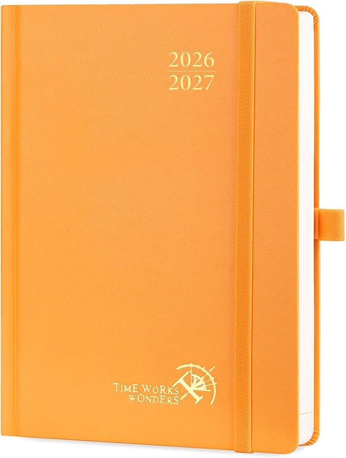 POPRUN 2026-2027 Daily Planner One Page Per Day (Medium - 5.75" x 8.5") - Academic Calendar Book(July 2026 - June 2027), 2026 Day Appointment Book with Pen Holder, Hardcover - Orange