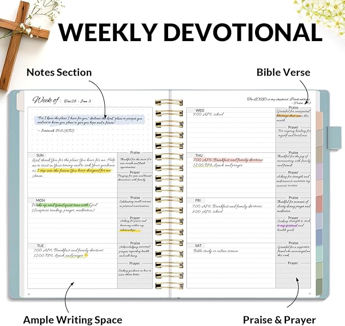 SUNEE Christian Planner - Undated 12 Month Bible Journal and Prayer Planner A5 Spiral Bound, Monthly & Weekly Christian Organizer Gifts for Women Men (Grey Blue)