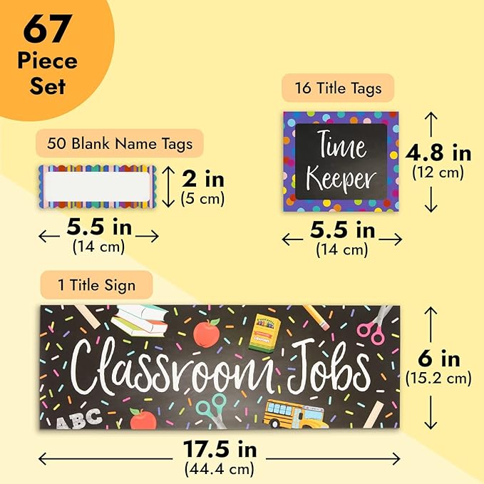 67-Piece Bright Classroom Job Chart Set with Name Tags for Bulletin Board, Chalkboard Decorations, Teacher Supplies, Classroom Teaching Tool, Kids Education (16 Assorted Signs)