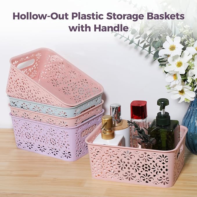 8 PCS Plastic Storage Baskets, Bathroom Basket Organizers with Handle, Portable Hollow Storage Baskets, Stackable Bins for Home Bathroom Office School Flower Pattern