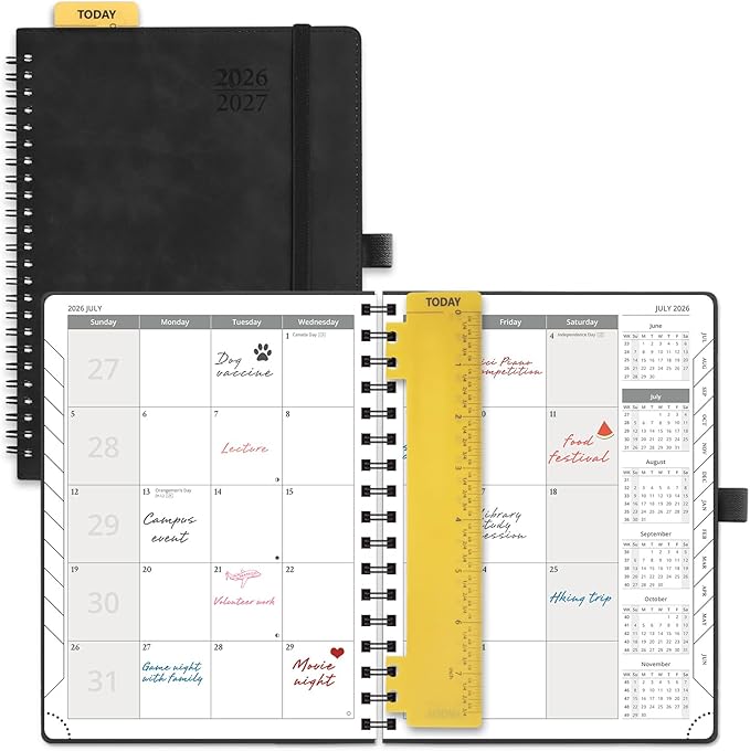 POPRUN 2026-2027 Monthly Planner, 6.5" x 8.5", 18 Month Calendar (July 2026 to December 2027) with Expense Tracker, Notes Pages, Sprial Bound, Leather Softcover - Black