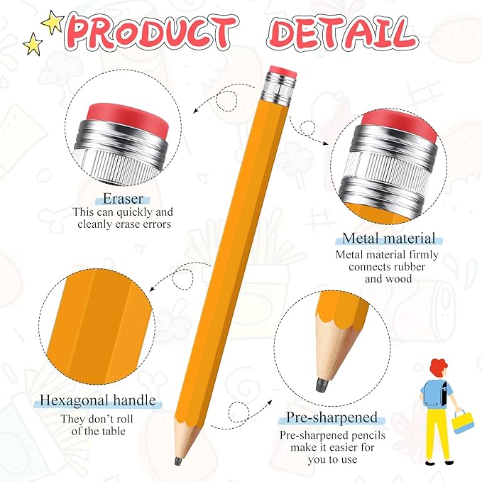 16 Inch Wooden Large Jumbo Pencils Giant Big Funny Wood Pencil with Cap and Eraser Fun Novelty Gifts for Kids School Kindergarten Home Office Prop Supplies (Yellow)