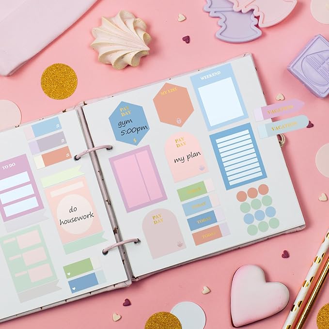 24 Sheets Pastel Functional Planner Stickers with Elbow Tweezer Mixed Metallic Functional and Elegant Stickers for Planners Notebooks Budgeting(Cute Color)