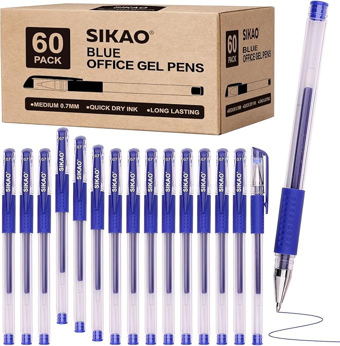 Blue Gel Pens Bulk, 60 Pack 0.7mm Fine Point Gel Ink Rollerball Pens, Smooth Quick-Dry Blue Ink No Smear, Comfortable Grip Pens for School, Office, Grading, Journaling & Note-Taking