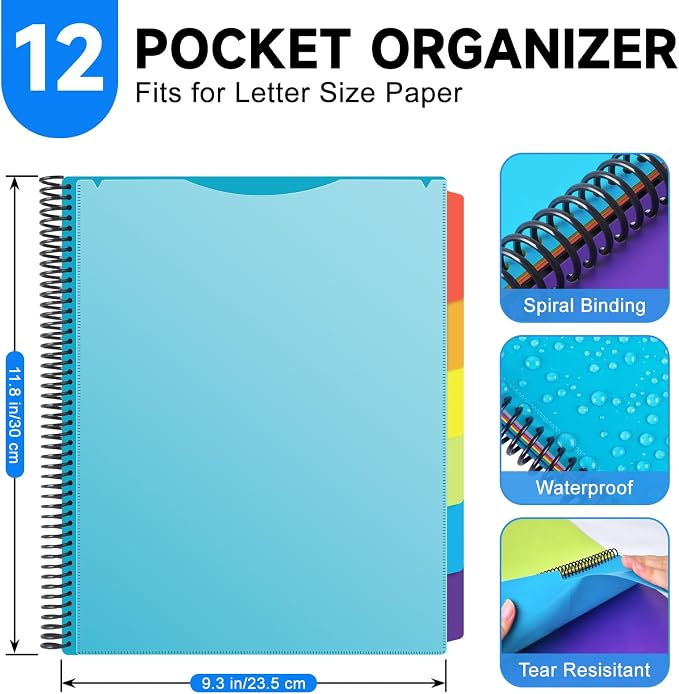 12 Pocket Poly Project Organizer for School & Office, Expandable File Folder with Dividers, Durable Accordion Folder for Documents, Homework, Bills Organization (Blue)