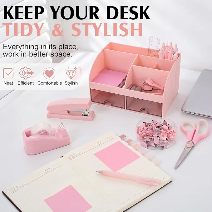 Eersida Office Desk Accessories Supplies, 26 Pcs Desk Organizer with Tape Dispenser, Stapler, Staple, Staple Remover, Scissor, Ruler, Sticky Tabs, Tape, Ballpoint Pen, Pencil, Clips for School(Pink)
