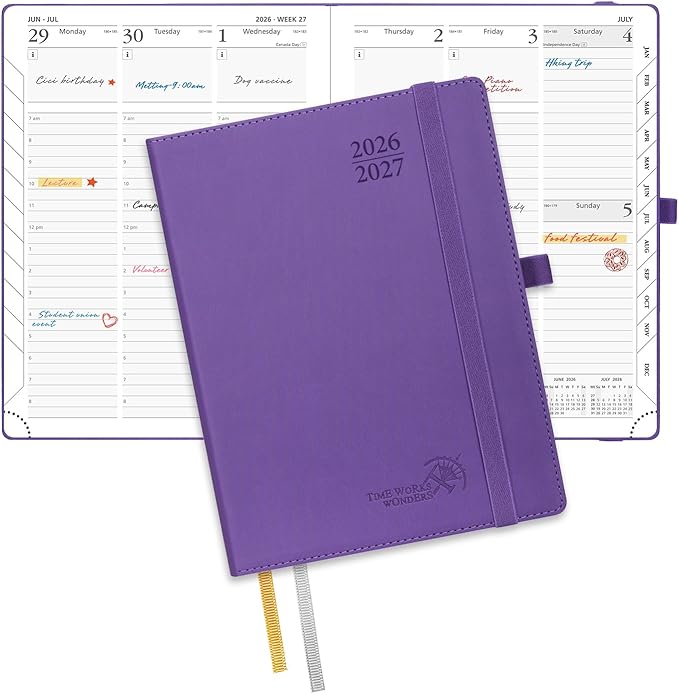 POPRUN Planner 2026-2027, 6.5" x 8.5", Academic Planner 2026-2027 Weekly and Monthly (July 26-June 27) Hourly Appointment Book with Inner Pockets, Leather Soft Cover, 100GSM - Purple